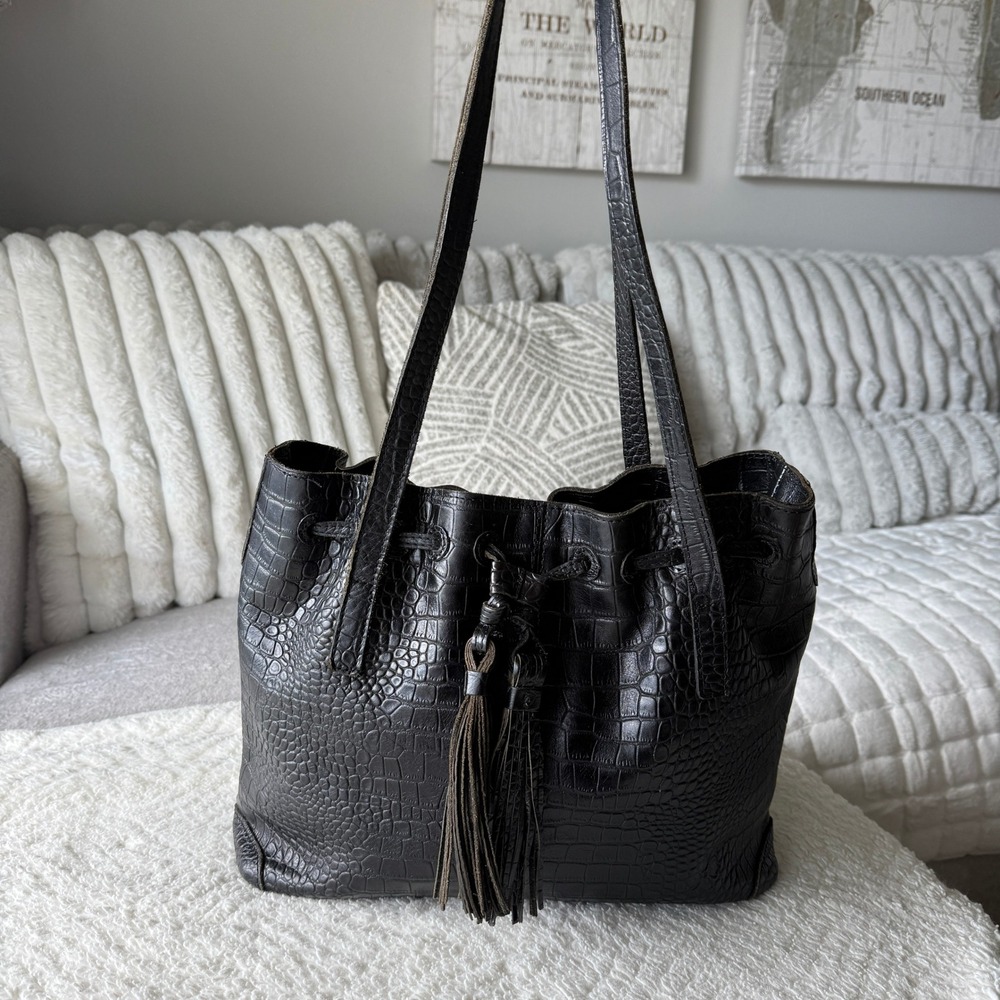 Patricia Nash Black Croc Embossed Leather Tassel Drawstring Tote Shoulder Bag
